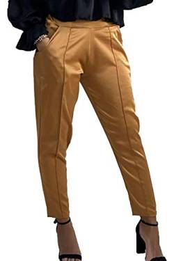 EGOMAXX Damen Poptrash Pants lockere Silk Design Treggings Hose Glänzend Seiden Look Stretch Bund, Farben:Braun, Größe:L-XL von EGOMAXX