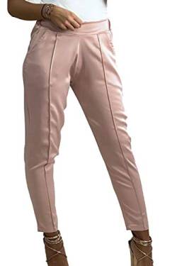 EGOMAXX Damen Poptrash Pants lockere Silk Design Treggings Hose Glänzend Seiden Look Stretch Bund, Farben:Rosa, Größe:L-XL von EGOMAXX