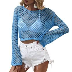 Damen Hollow Out Crochet Knit Y2K Langarm Crop Top Jumper Cover Up Pullover Streetwear Outfits Blouse E-Girl 90s Vintage von EGSDMNVSQ