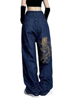 Damen Jeans Hose Baggy Hose Y2K Aesthetic Streetwear Hose mit Taschen Freizeithose 90er E-Girl Gerade Hosen von EGSDMNVSQ