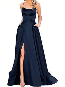 EGSDMNVSQ Abendkleider Damen Elegant Lange Ballkleider Criss Cross Neckholder Rückenfrei Abend Prom Kleider Frauen A-Linie Satin Spaghetti Seitenschlitz Brautjungfer Pageant Kleid mit Taschen von EGSDMNVSQ