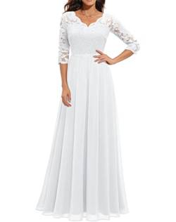 EGSDMNVSQ Abendkleider Damen Spitzenkleider Hochzeit Elegant Rundhalsausschnitt 3/4 Ärmel Langes Kleid Plissee Maxikleider Cocktail Party Ballkleider von EGSDMNVSQ