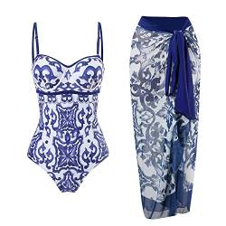 EGSDMNVSQ Badeanzug Damen Einteiler Bikini Set mit Langer Rock Boho Badeanzüge Outfits Sexy Bademode Swimsuit mit Strandrock V Ausschnitt Schwimmanzug mit Wickelrock Strandurlaub von EGSDMNVSQ