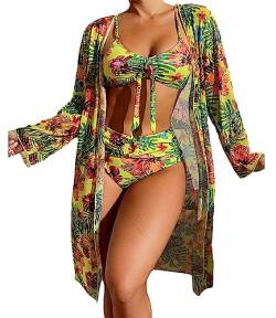 EGSDMNVSQ Bikini Damen Dreiteiliger Bikini Set Boho Drucke Badeanzug Push Up Bikini Bauchweg Bademode Bikini Slip 3 Stück Blumenmuster Badeanzug Swimsuit von EGSDMNVSQ