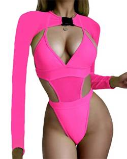 EGSDMNVSQ Bikini Damen Rave Outfits Neon Body Crop Top Langarm Badeanzüge Mesh Shrug mit Schnalle für Festival Clubwear Party von EGSDMNVSQ