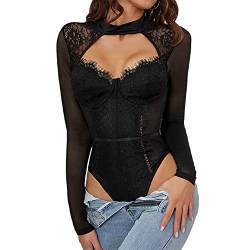 EGSDMNVSQ Damen Elegant Bodysuit Mesh V-Ausschnitt Langarm/Kurzarm Bodysuit Durchsichtiges Netz mit Spitzen Bluse Tops Overalls Spitzebodys von EGSDMNVSQ