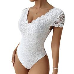 EGSDMNVSQ Damen Elegant Bodysuit Mesh V-Ausschnitt Langarm/Kurzarm Bodysuit Durchsichtiges Netz mit Spitzen Bluse Tops Overalls Spitzebodys von EGSDMNVSQ