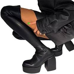 EGSDMNVSQ Damen Elegante Comfort Lange Stiefel High Heel Klobiger Absatz Lederstiefel Frauen Plateau Schwarz Winterstiefel Partyschuhe mit Reißverschluss Lang Boots von EGSDMNVSQ