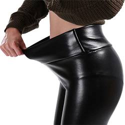 EGSDMNVSQ Damen Hohe Taille Skinny Kunstleder Leggings High Waist PU Leder Hose Lederhosen Stretch Gefütterte Winter Leggins Strumpfhosen Treggings Schwarz von EGSDMNVSQ