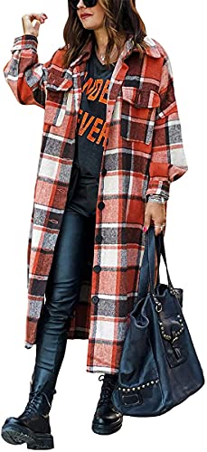 EGSDMNVSQ Damen Kariertes Jacken Taschen Knöpfen Langarm Oversize Bluse Mantel Lange Jacke Hemdjacke Holzfällerjacke Mode Boyfriend Jacken Tunika Oberteil von EGSDMNVSQ