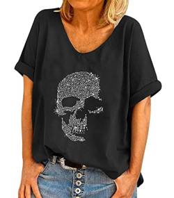 EGSDMNVSQ Damen T-Shirt mit Strass Totenkopf Motiv Bluse Rundhalsausschnitt Kurzarm Oversize Shirt Top Party Karneval Punk Oberteil von EGSDMNVSQ