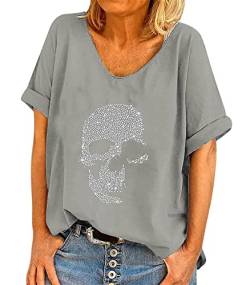 EGSDMNVSQ Damen T-Shirt mit Strass Totenkopf Motiv Bluse Rundhalsausschnitt Kurzarm Oversize Shirt Top Party Karneval Punk Oberteil von EGSDMNVSQ