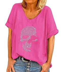 EGSDMNVSQ Damen T-Shirt mit Strass Totenkopf Motiv Bluse Rundhalsausschnitt Kurzarm Oversize Shirt Top Party Karneval Punk Oberteil von EGSDMNVSQ