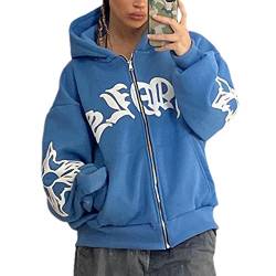 EGSDMNVSQ Herren Zip Up Hoodies Mit Reißverschluss Sweatjacke Y2k Print Kapuzenjacke Lose Sweatshirt mit Kapuze Harajuku 90er E-Girl Top von EGSDMNVSQ