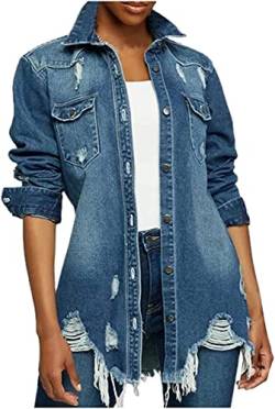 EGSDMNVSQ Jeansjacke Damen Langarm Boyfriend Oversized Übergangsjacke Denim Jacke Casual Jeansjacke Kurze Destroyed Mantel Cut Out von EGSDMNVSQ