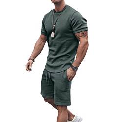 EGSDMNVSQ Jogginganzug Herren Kurz Sportanzug 2 Teiliges Trainingsanzug Sommer Outfit Set Rundhals Kurzarm T-Shirts Kurze Hose Einfarbig Fitness Freizeitanzug Sweatshirt von EGSDMNVSQ