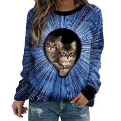 EGSDMNVSQ Katze Langarmshirt Süße Tier Drucken 3D Druck Katzen-Muster Gestreift Rundhals Lange Pulli Herbst Kapuzenpullover Tshirt Herbst Shirts Hemd Rundhals Pullover von EGSDMNVSQ