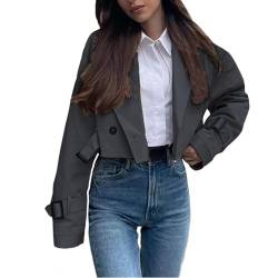 EGSDMNVSQ Kurze Trenchcoat Damen Windjacke Mantel mit Gürtel Revers Zweireiher Langarm Jacke Winddichter Übergangsmantel Slim Fit Mode Jacke Herbst Frühling Jacke von EGSDMNVSQ