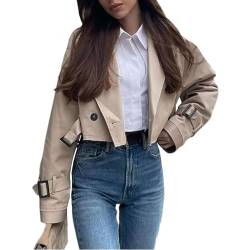 EGSDMNVSQ Kurze Trenchcoat Damen Windjacke Mantel mit Gürtel Revers Zweireiher Langarm Jacke Winddichter Übergangsmantel Slim Fit Mode Jacke Herbst Frühling Jacke von EGSDMNVSQ