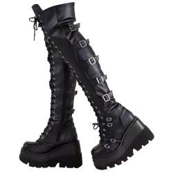 EGSDMNVSQ Overknees Stiefel Damen Plateaustiefel Winter Schwarz Gothic Punk Schnürstiefel Reißverschluss Kniehohe Stiefel Lange Stiefel mit Blockabsatz Langschaftstiefel von EGSDMNVSQ