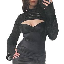 EGSDMNVSQ Pullover Damen Y2K Crop Top Langarm Stricken Pulli Rundkragen Cut Outs Shirts Gehäkelter Hollow Out Oberteile 90er Streetwear von EGSDMNVSQ