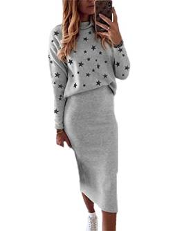 EGSDMNVSQ Pulloverkleid Damen Strickkleid Zweiteiliger Anzug Strickpullover Oberteil und Midi Strickrock Bodycon 2 Stück Set Midikleid Rundhals von EGSDMNVSQ