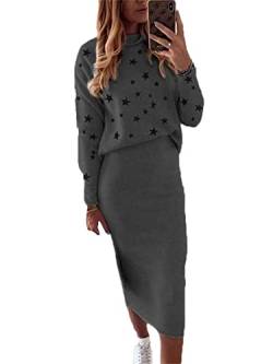 EGSDMNVSQ Pulloverkleid Damen Strickkleid Zweiteiliger Anzug Strickpullover Oberteil und Midi Strickrock Bodycon 2 Stück Set Midikleid Rundhals von EGSDMNVSQ