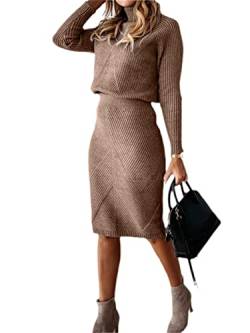 EGSDMNVSQ Pulloverkleid Damen Winterkleid Elegant Langarm Strickkleid Zweiteiliger Anzug Rollkragen Pullover Oberteil und Strickrock Elastische Bodycon 2 Stück Set Minikleid Pullikleid von EGSDMNVSQ