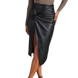 EGSDMNVSQ Rock Damen Leder Rock mit Schlitz PU Leder Midirock High Waist A-Linie Bleistiftrock Seitenschlitz Lederoptik Rock Stretch Bodycon Midirock Elegant Faux Leder Skirt von EGSDMNVSQ