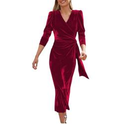 EGSDMNVSQ Samtkleid Damen Abendkleid Hohe Taille Kleid Langarm Cocktailkleid Bodycon Partykleid Samt Maxikleid V-Ausschnitt Wickelkleid Elegant Winterkleid Herbst Winter von EGSDMNVSQ