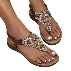 EGSDMNVSQ Sandalen Damen Sommer Flip Flops Boho Flache Sandaletten mit Strass Vintage Römersandalen Elegante Sommerschuhe Freizeit Zehentrenner von EGSDMNVSQ