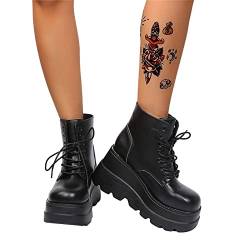 EGSDMNVSQ Schnürschuh Damen Lackleder Chunky Schuhe Blockabsatz Plaftorm Gotisch Stiefeletten Punk Gothic Plateau Ankle Boots High Heels Mit Flügeln von EGSDMNVSQ