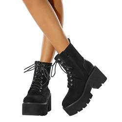 EGSDMNVSQ Schnürschuh Damen Lackleder Chunky Schuhe Blockabsatz Plaftorm Gotisch Stiefeletten Punk Gothic Plateau Ankle Boots High Heels Mit Flügeln von EGSDMNVSQ