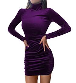 EGSDMNVSQ Winterkleid Damen Hoher Ausschnitt Langarm Festlich Bodycon Kleid Winter Elegant Abendkleid Kurz Weihnachtskleid Partykleid Samtkleid Cocktailkleid von EGSDMNVSQ