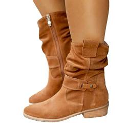 EGSDMNVSQ Winterschuhe Damen Stiefel Einfarbig Warm Winterstiefel mit Reißverschluss Herbst Winter Übergangsstiefel Elegant Damenstiefel Retro Schlupfstiefel Damenschuhe Cowboystiefel von EGSDMNVSQ