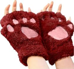 EHOTER Fingerlose Handschuhe Damen Katzenpfoten Nette Halbe Handschuhe Warme Winterhandschuhe Krallen Plüsch Fingerhandschuhe Weich Fahrradhandschuhe Cosplay Geschenk (Weinrot,Einheitsgröße) von EHOTER