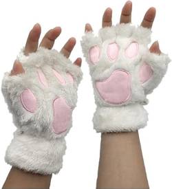 EHOTER Fingerlose Handschuhe Damen Katzenpfoten Nette Halbe Handschuhe Warme Winterhandschuhe Krallen Plüsch Fingerhandschuhe Weich Fahrradhandschuhe Cosplay Geschenk (Weiß,Einheitsgröße) von EHOTER