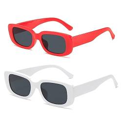 Rechteckig Sonnenbrillen 2 Stück Vintage 90er Retro Mode Sonnenbrillen Set mit UV 400 Schutz Sunglasses und Quadratischem Rahmen für Damen Herren Fahren Reisen Camping Outdoor Aktivitäten (Weiß+Rot) von EHOTER