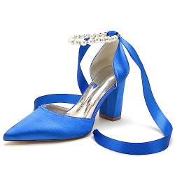 Pumps Damen, Geschlossene Damen Absatzschuhe, Perle Krawatte Satin Elegant Pumps, Blockabsatz 8.5 cm,Royal Blue,36 EU von EICOFF