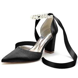 Pumps Damen, Geschlossene Damen Absatzschuhe, Perle Krawatte Satin Elegant Pumps, Blockabsatz 8.5 cm,Schwarz,39 EU von EICOFF