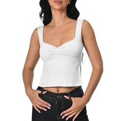 Damen Ärmelloses Träger-Tanktop mit gerüschtem Herzausschnitt, doppellagig, Schlitz an der Seite, plissiert, bauchfreies Top, Y2k Camisole, Weiss/opulenter Garten, Mittel von EIFFELT