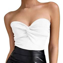 Damen Sexy Crop Tops Trägerlos Twisted Front Rippstrick Tube Top Ärmellos Herzausschnitt Y2K Camisole Tank Top, Weiß, Klein von EIFFELT