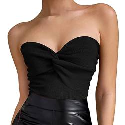 Damen Sexy Crop Tops Trägerlos Twisted Front Rippstrick Tube Top Ärmellos Herzausschnitt Y2K Camisole Tank Top, schwarz, Mittel von EIFFELT