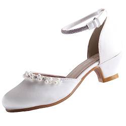 EIGHT KM Mädchen High Heel Kleidschuhe Prinzessin Hochzeit Party Pumps Schuhe EKM7033 Glatte Glänzende Perlsseide Elfenbein EU Größe 30 von EIGHT KM