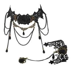 EIGSO Spitze Halsband und Armband 2 Stück mit schwarzen Ketten und Fingerringe für Damen Frauen von EIGSO