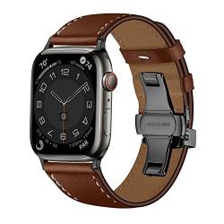 Lederarmband für Apple Watch Armband 38mm 40mm 41mm 42mm 44mm 45mm 49mm, Armbänder mit Schmetterlings-Schnalle aus Metall für iWatch Series 8 7 6 5 4 3 2 1 SE Ultra, Braun mit Schwarzer Schnalle von EIHAIHIS