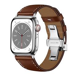 Lederarmband für Apple Watch Armband 38mm 40mm 41mm 42mm 44mm 45mm 49mm, Armbänder mit Schmetterlings-Schnalle aus Metall für iWatch Series 8 7 6 5 4 3 2 1 SE Ultra, Braun mit Silberner Schnalle von EIHAIHIS