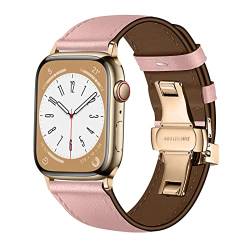 Lederarmband für Apple Watch Armband 38mm 40mm 41mm 42mm 44mm 45mm 49mm, Armbänder mit Schmetterlings-Schnalle aus Metall für iWatch Series 8 7 6 5 4 3 2 1 SE Ultra, Rosa mit Rosenschnalle von EIHAIHIS