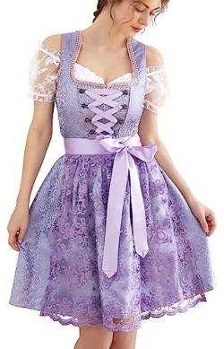 EIISSION Dirndl Damen Midi Trachtenkleid inkl. Trachtenrock Dirndlbluse Dirndlschürze Germandress für Oktoberfest Lila 44 von EIISSION