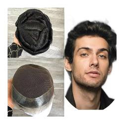 Perücken für Männer Herren Toupet Echthaar Männer Ersatzhaarteile Französische Spitze Mitte PU Um Männliche Haarprothese Natürliche Wellenhaareinheit Herrenperücke (Color : 1#-120%, Size : 6x9) von EINES